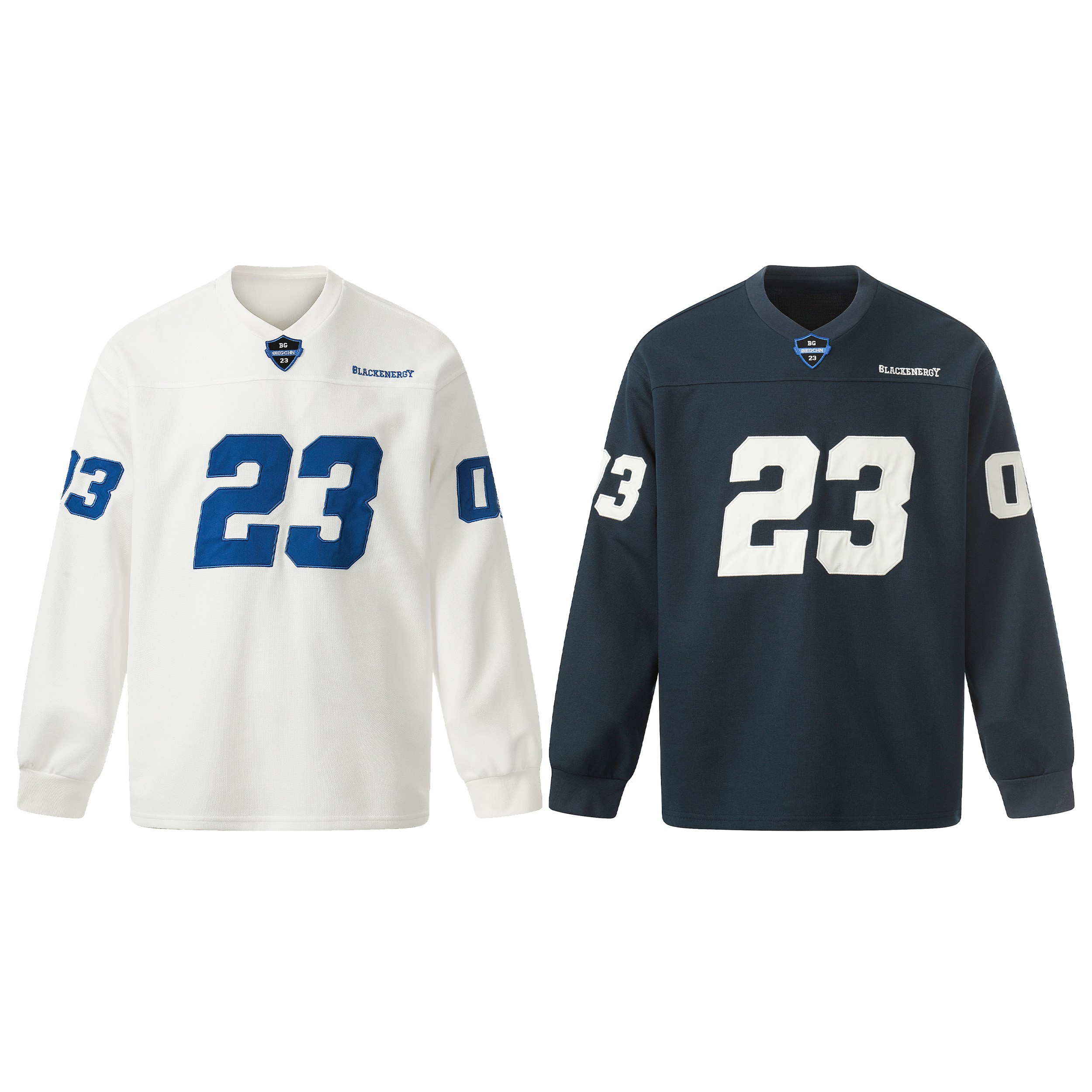 White and navy long sleeve varsity tee with blue and white number 23 appliqué graphics and shield patch at neckline