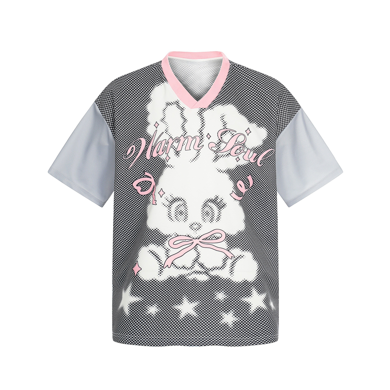 Black mesh jersey with pink trim and bunny graphic, featuring warm soul text in a playful streetwear style