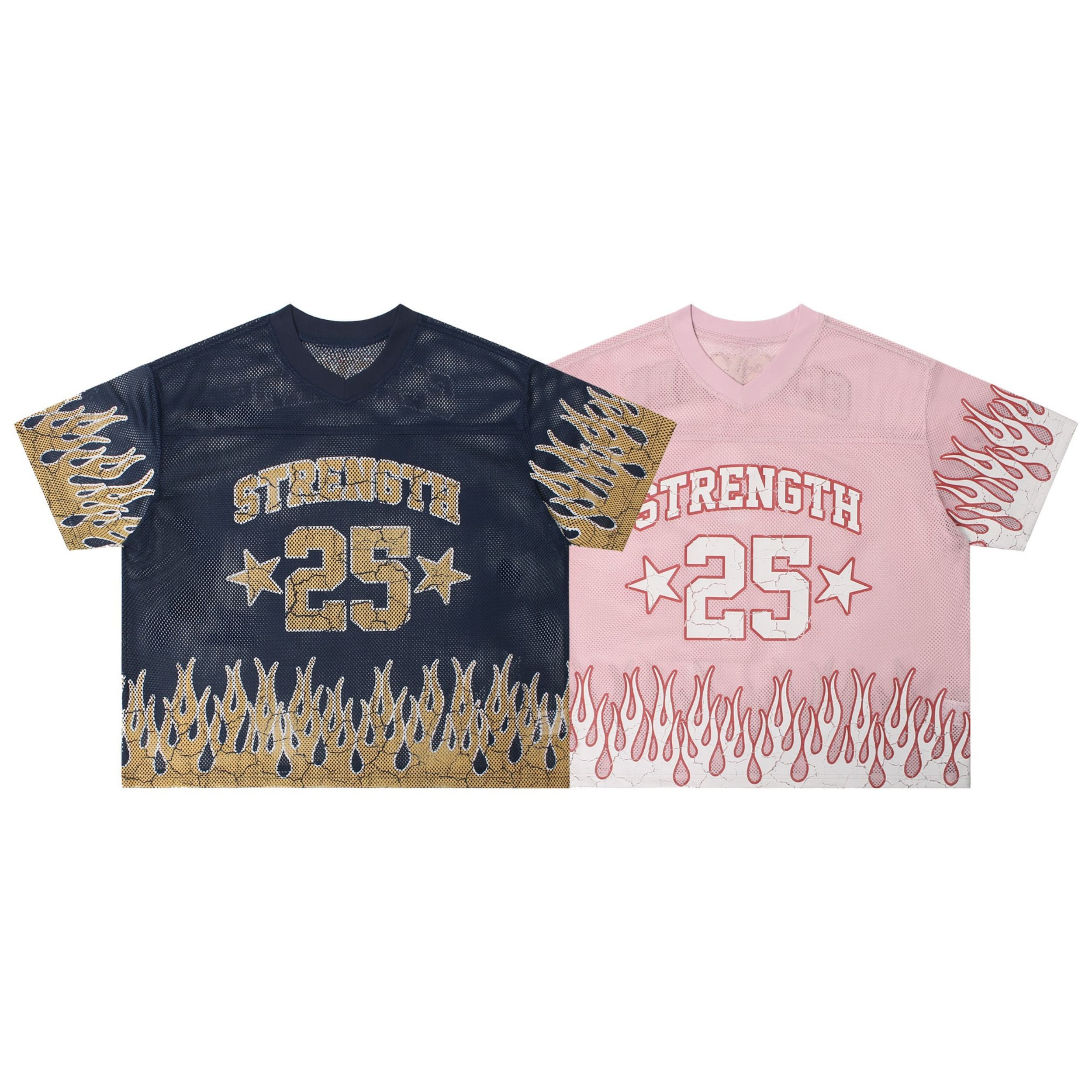 Navy and pink Strength 25 flame mesh jerseys laid flat, showing varsity graphic and flame sleeve detailing