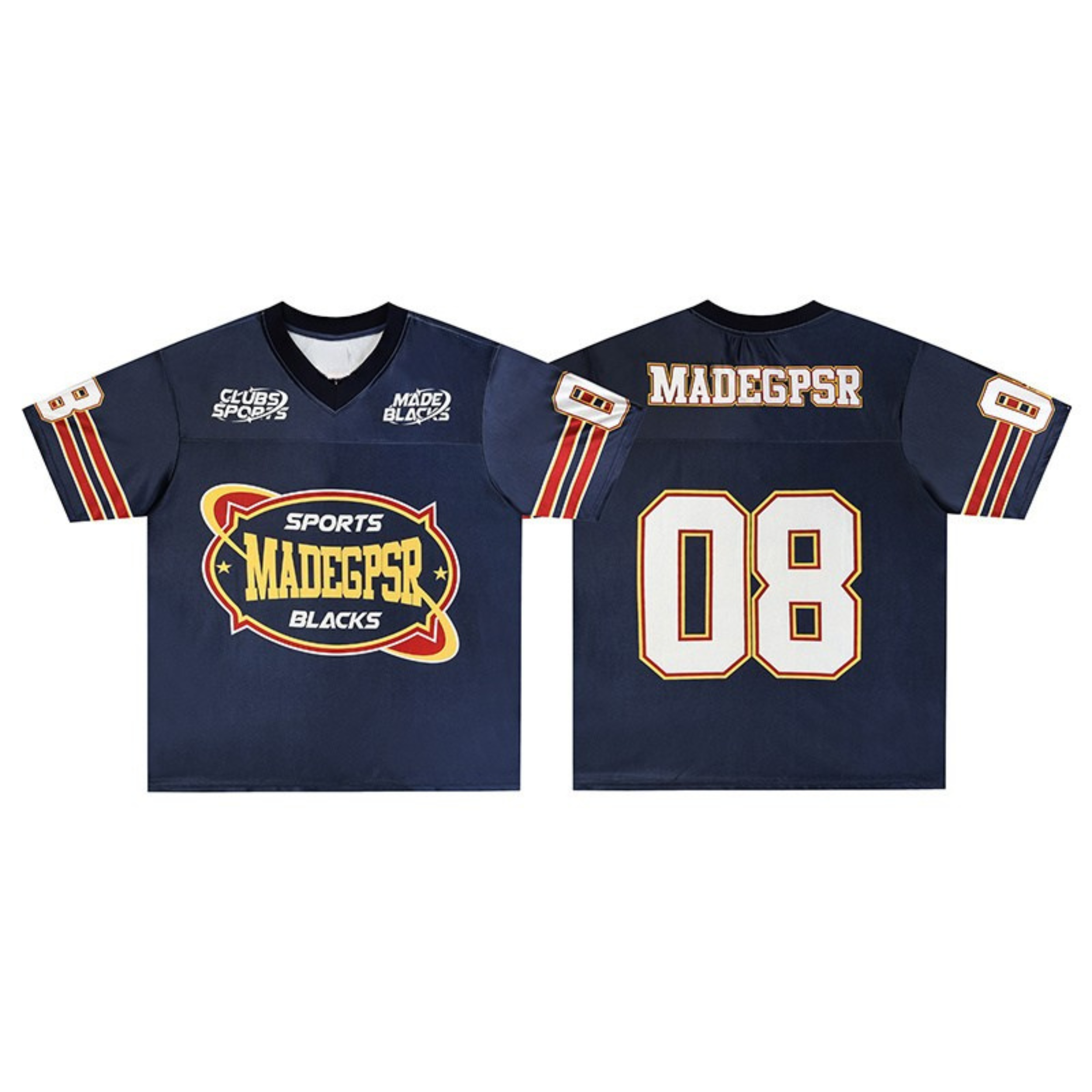 Front and back view of navy MADEGPSR Sports Club football jersey with crest logo and number 08