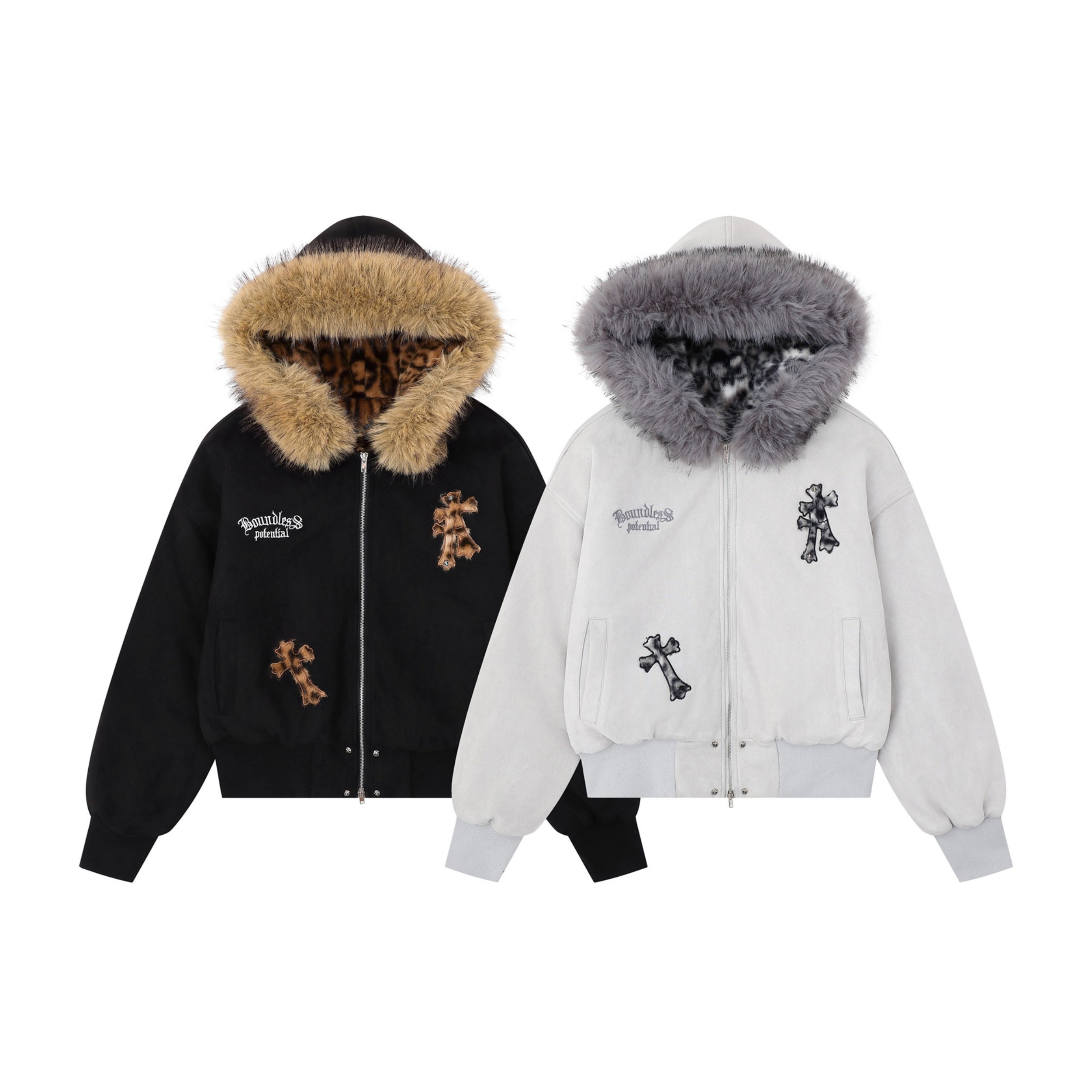 Black and grey faux fur hood bomber jackets with cross applique patches and leopard-print lining, laid flat on white backgrou