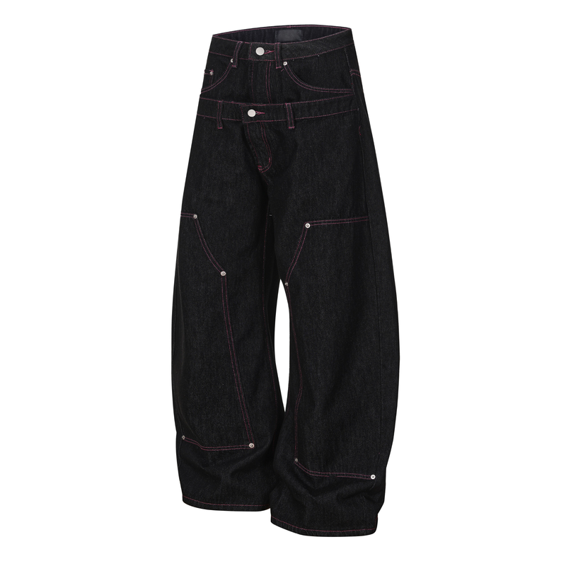 Angled front view of black wide-leg denim pants with pink contrast stitching and pocket details