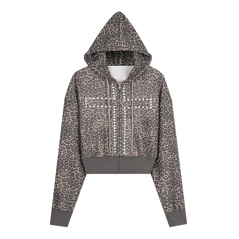 Leopard print cropped zip hoodie with studded cross on the front, hood up