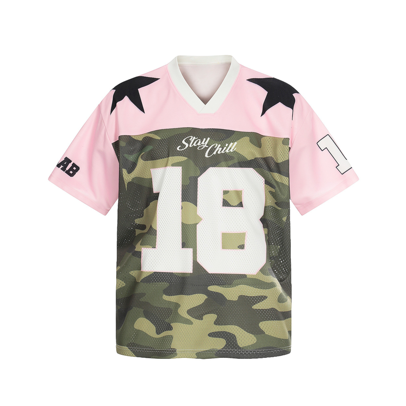 Pink camo mesh football jersey with black stars, white number 18, and Stay Chill graphic on the chest