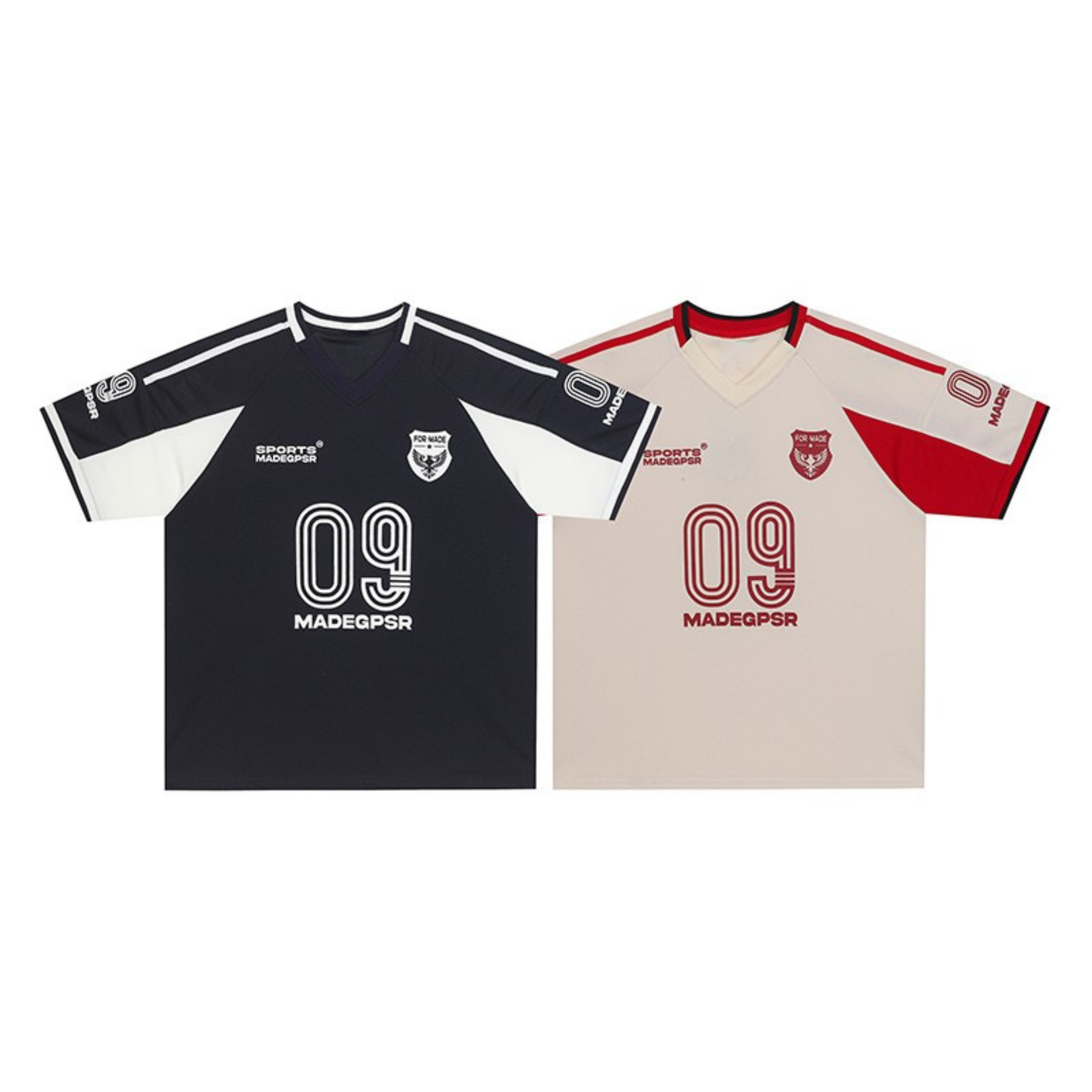 Navy and cream MADEGPSR 09 performance soccer jerseys with contrast paneling and varsity number graphics, front view