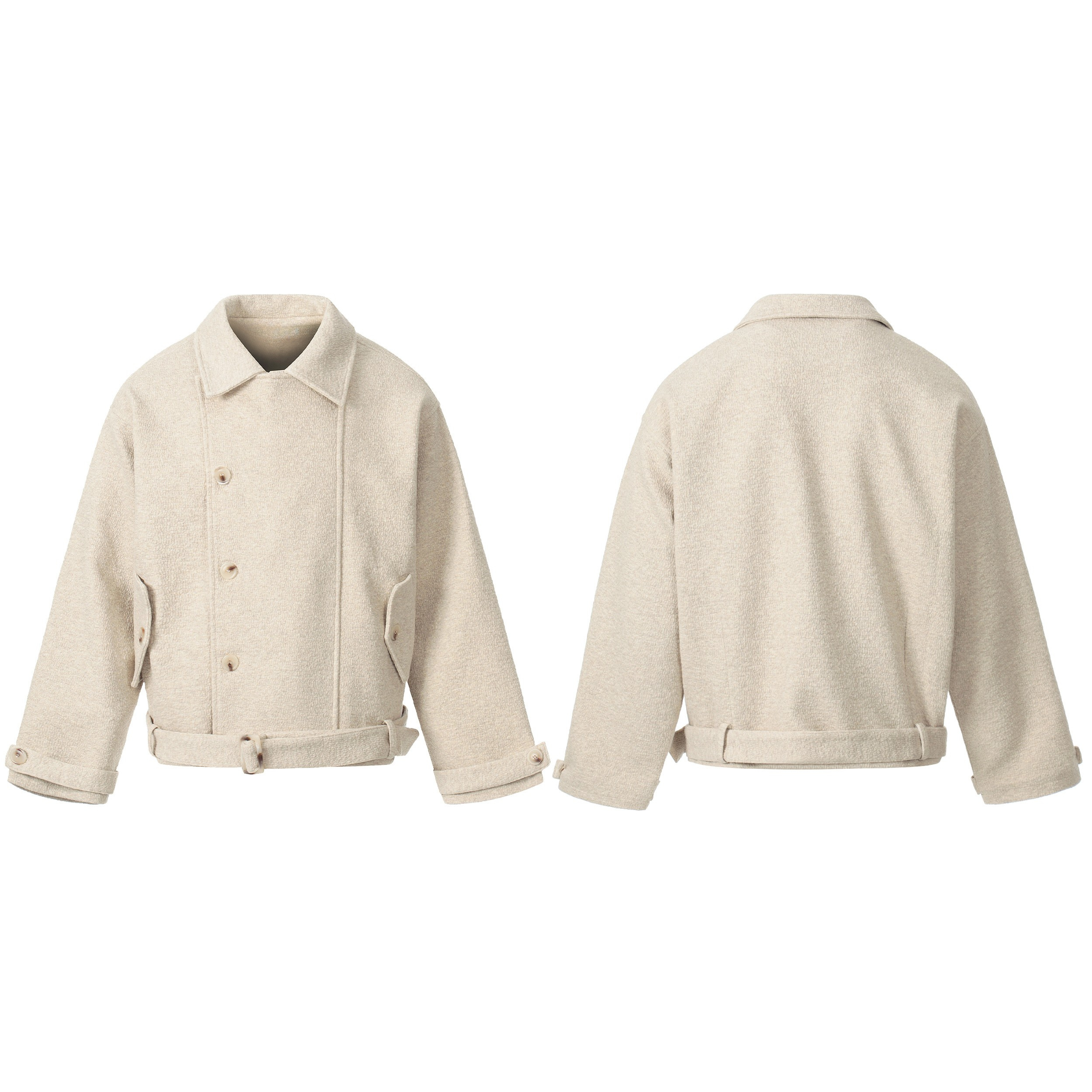 Cream textured cotton cropped jacket with button front closure, adjustable waist belt, and structured collar, shown front and