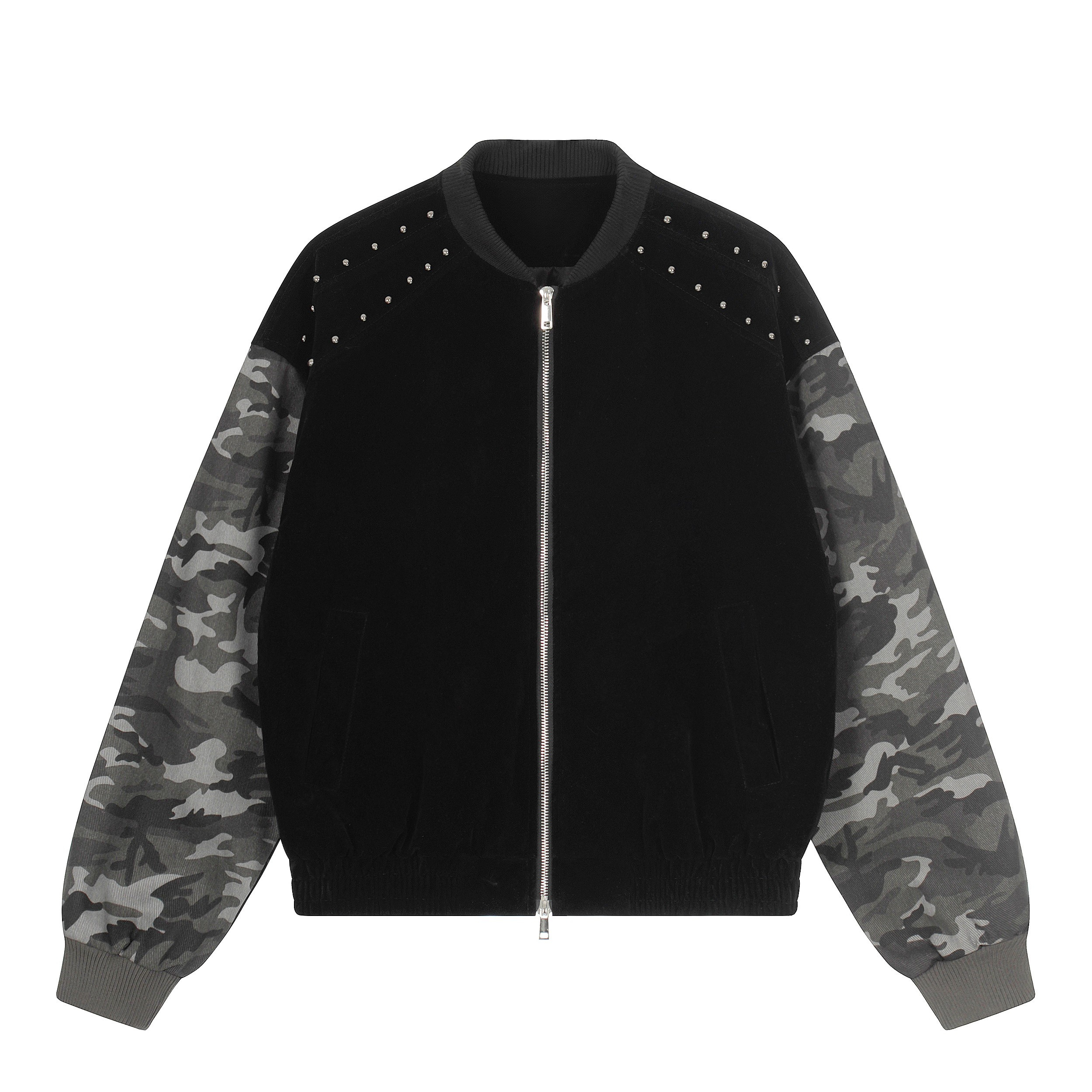 Camo Sleeve Varsity Bomber Jacket with Stud Detail