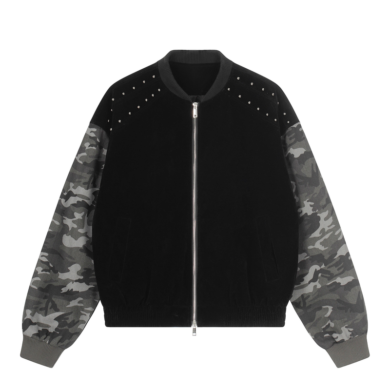 Camo Sleeve Varsity Bomber Jacket with Stud Detail