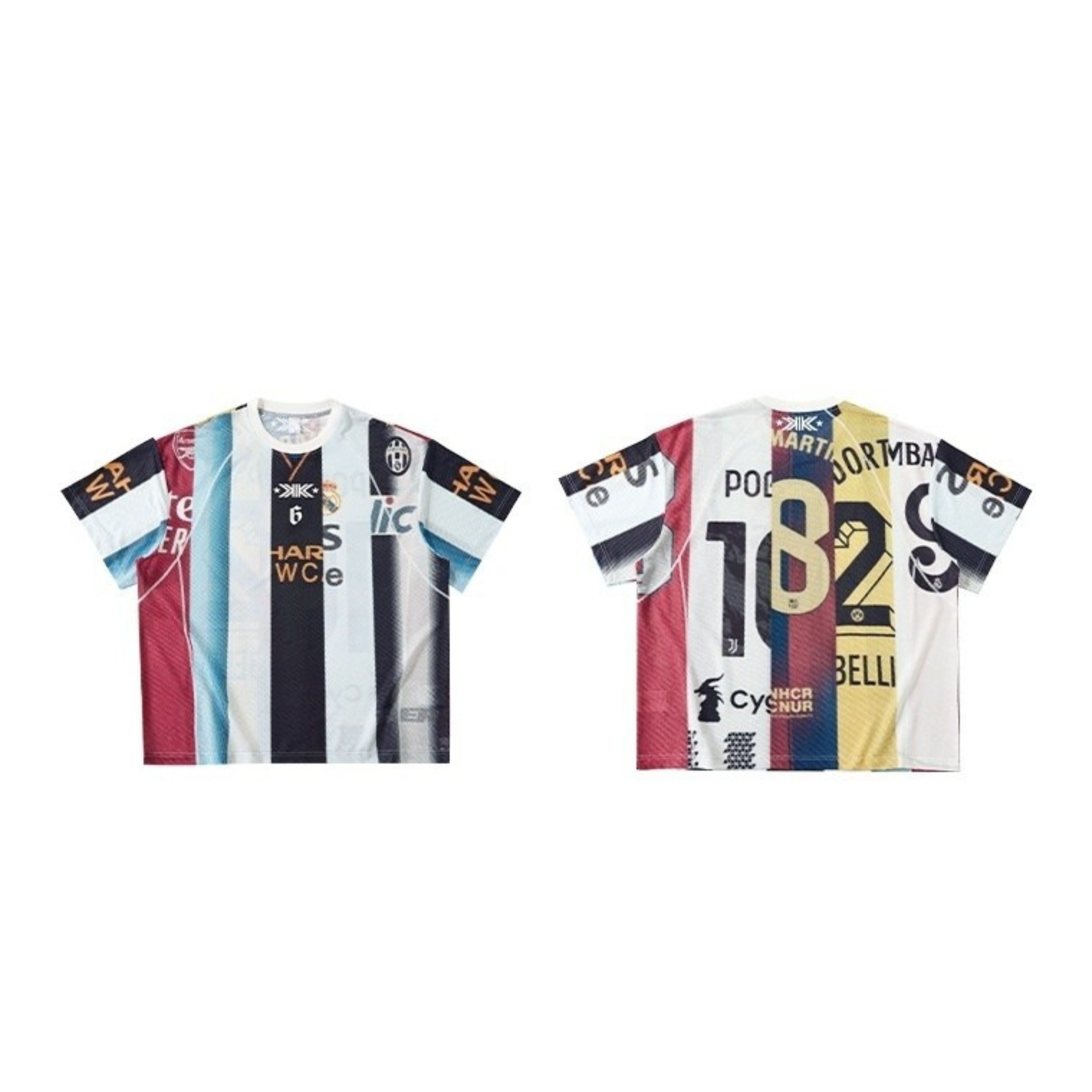Front and back view of the Omirad Vintage Football Patchwork Mesh Jersey with multi-club graphics and bold number prints