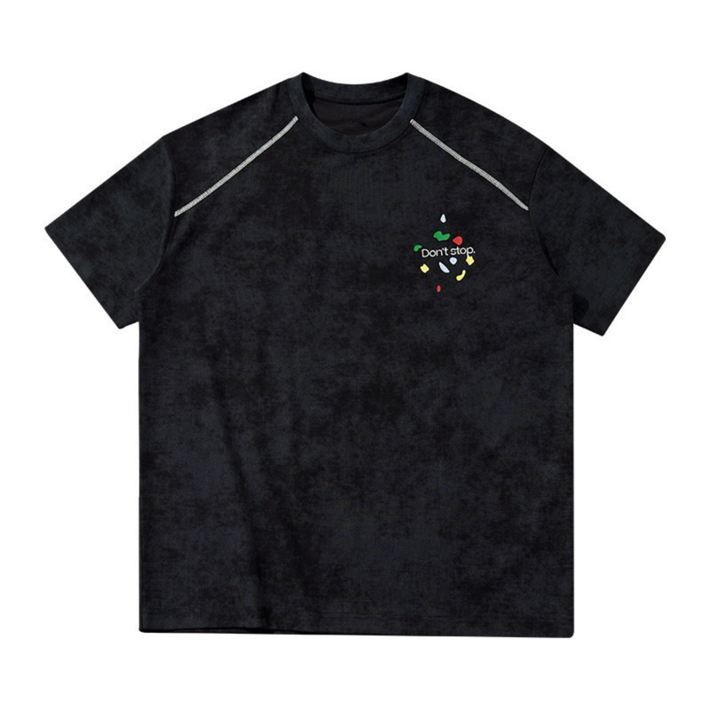 Black vintage wash graphic tee with raglan seams and small Dont stop chest print