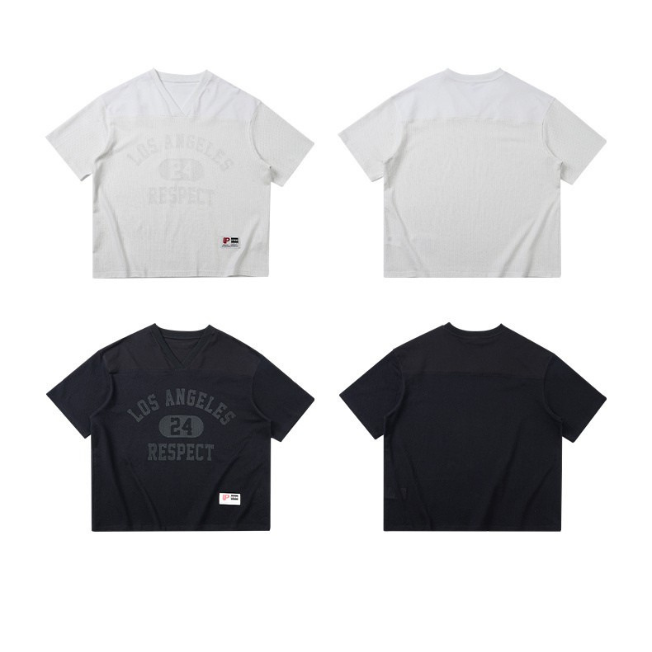 White Los Angeles 24 Respect V-neck mesh tee with tonal collegiate graphic print on front, relaxed streetwear fit
