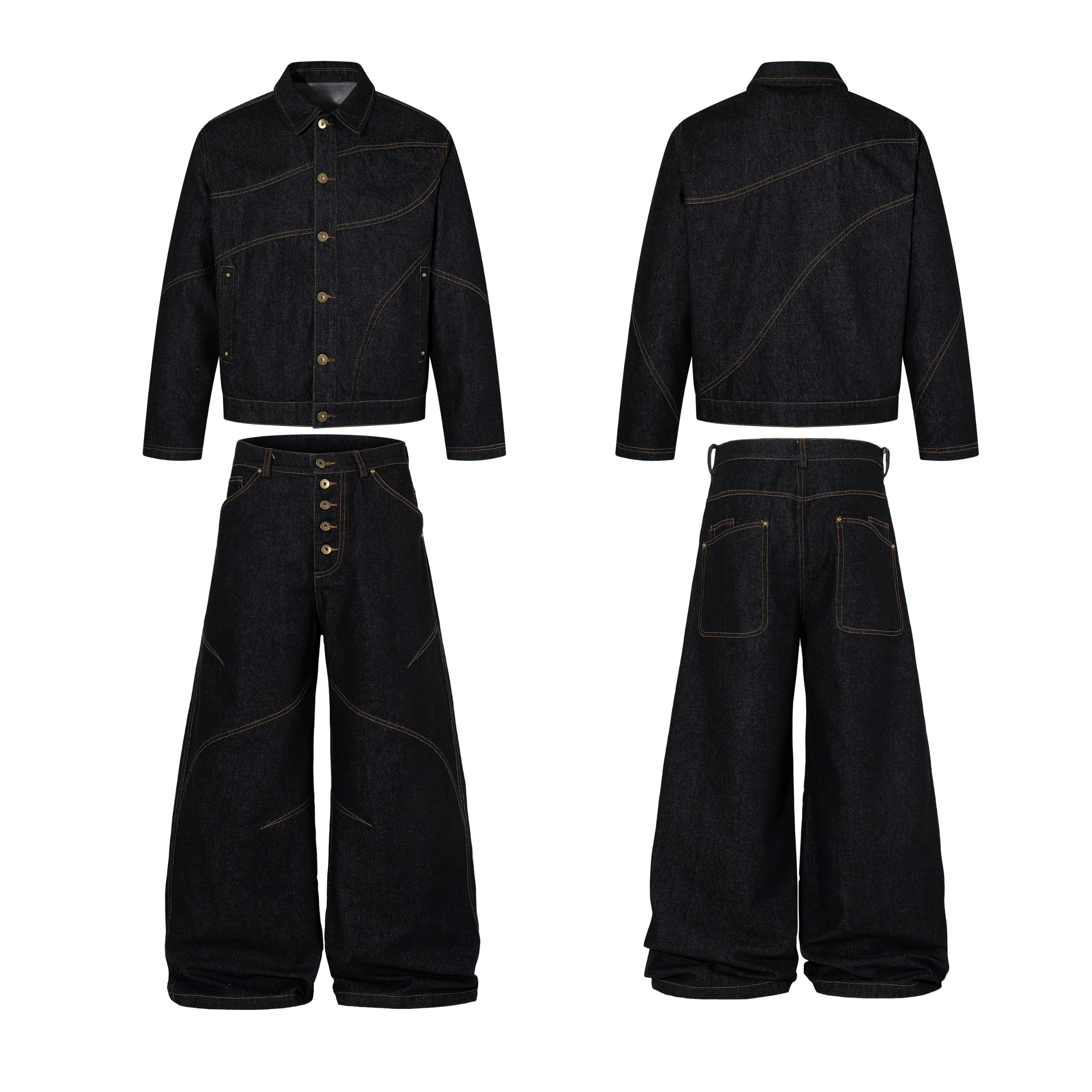 Omirad Curved Panel Wide Leg Denim Pants | High-Rise Button Fly