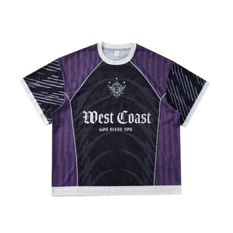 Purple and black mesh soccer jersey with gothic West Coast lettering and white trim on a plain background