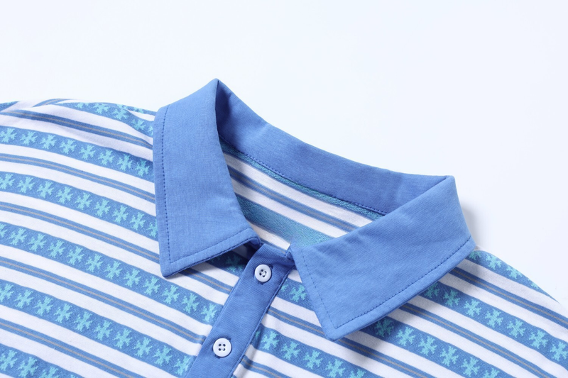 Blue striped polo collar and button placket close-up