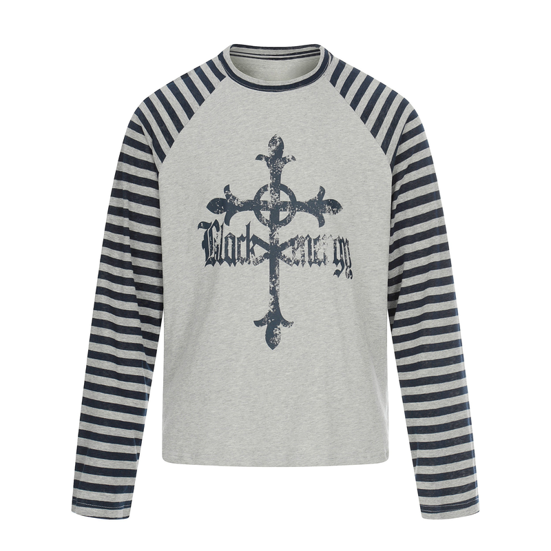 Gray raglan long sleeve tee with navy striped sleeves and front gothic cross graphic