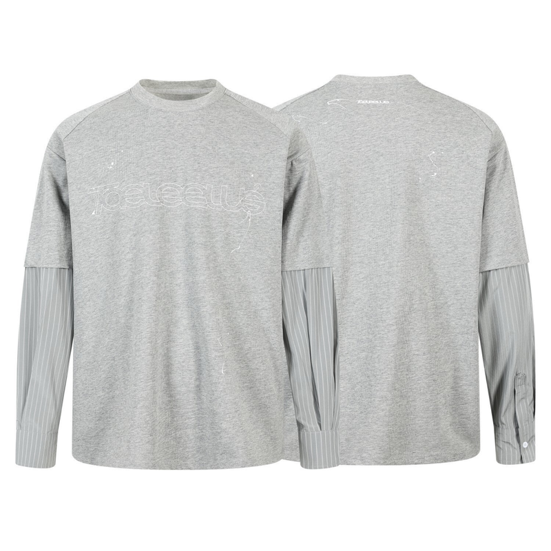 Light gray layered long sleeve tee shown front and back, with striped sleeves and white outlined logo