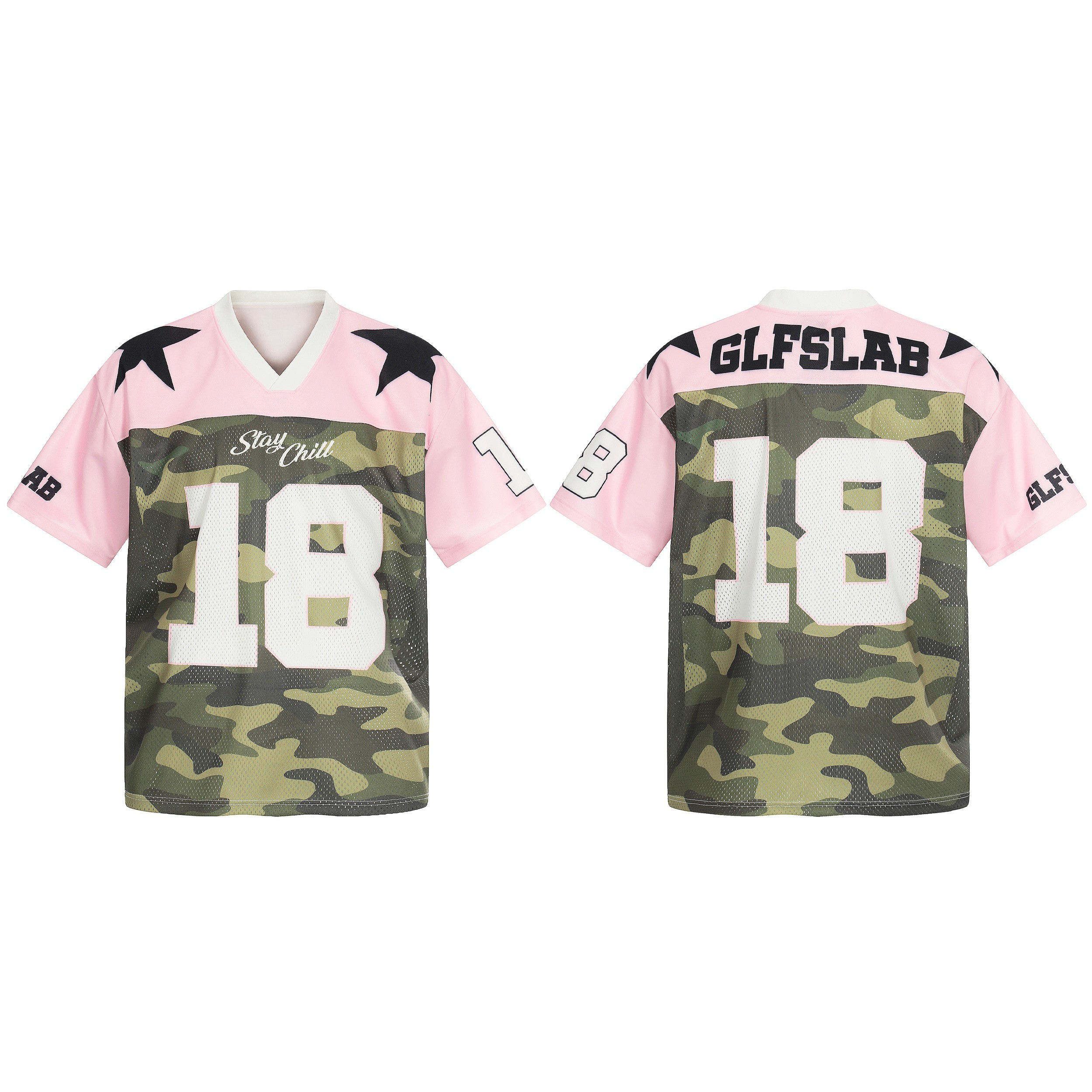 Front and back view of a pink and green camo mesh football jersey with number 18 and black star shoulder accents