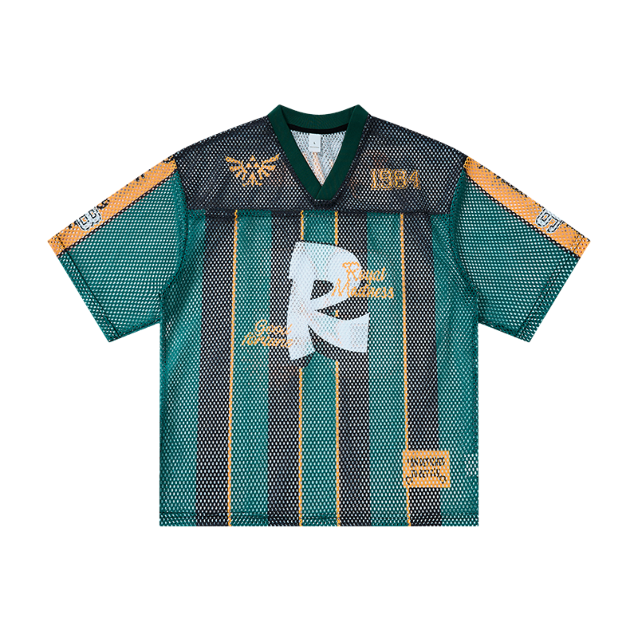 Omirad Royal Madness 84 green black and orange mesh jersey t-shirt with vertical gold stripes and R letter graphic