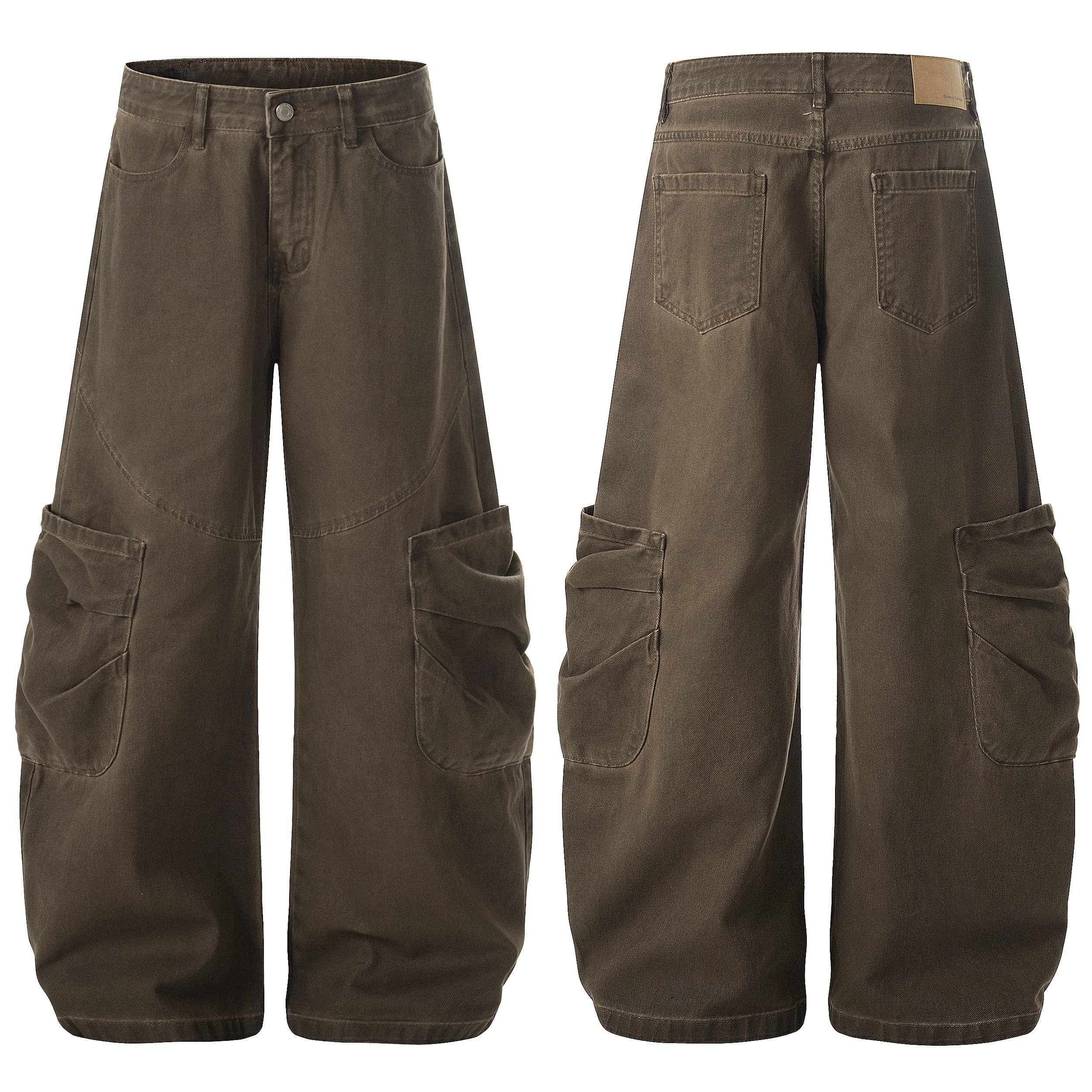 Front and back view of olive brown washed wide-leg cargo pants with oversized utility pockets and articulated panel seams