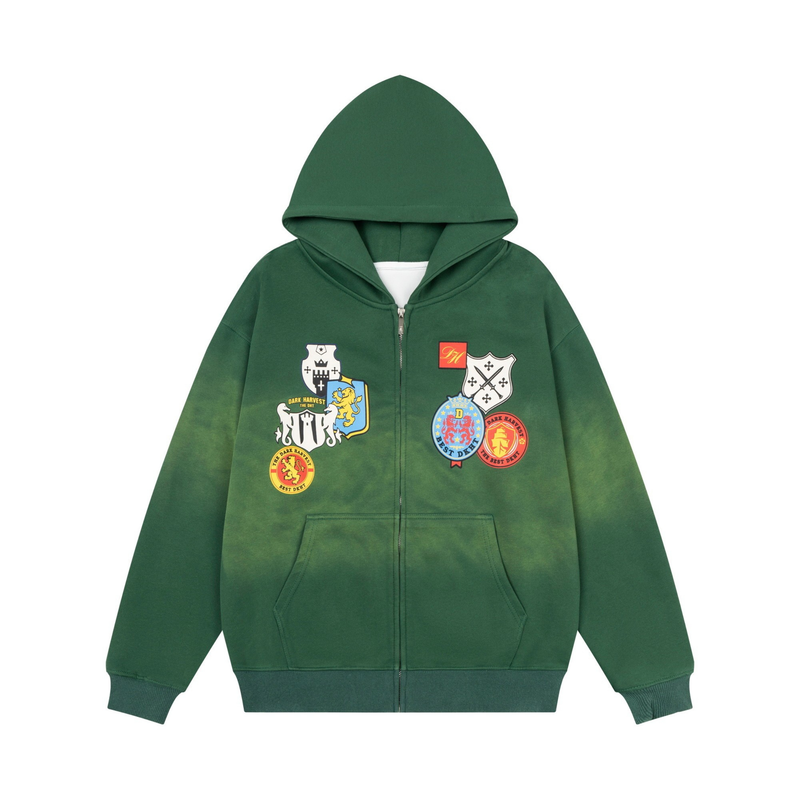 Green zip-up hoodie with crest-style patches and front kangaroo pocket, front view