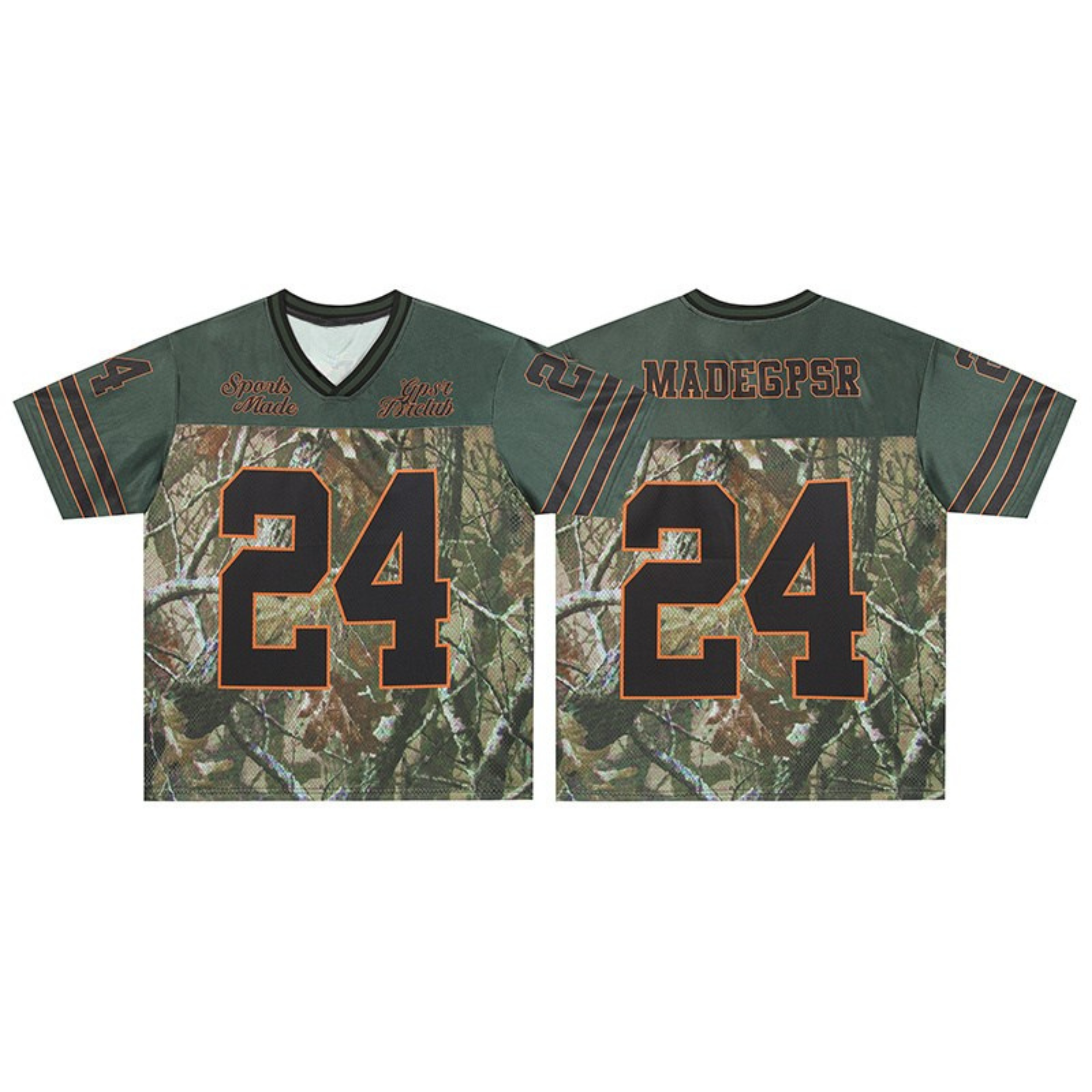 Front and back view of a camo print football jersey with large number 24 in black and orange on a white background