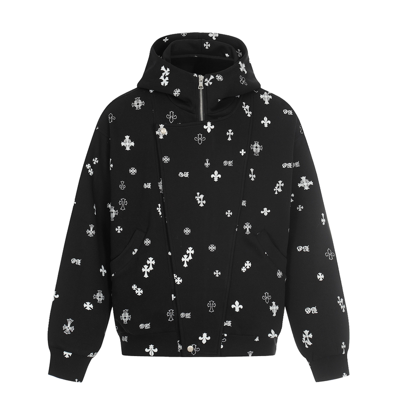 All-Over Gothic Cross Print Hooded Zip Jacket | Streetwear