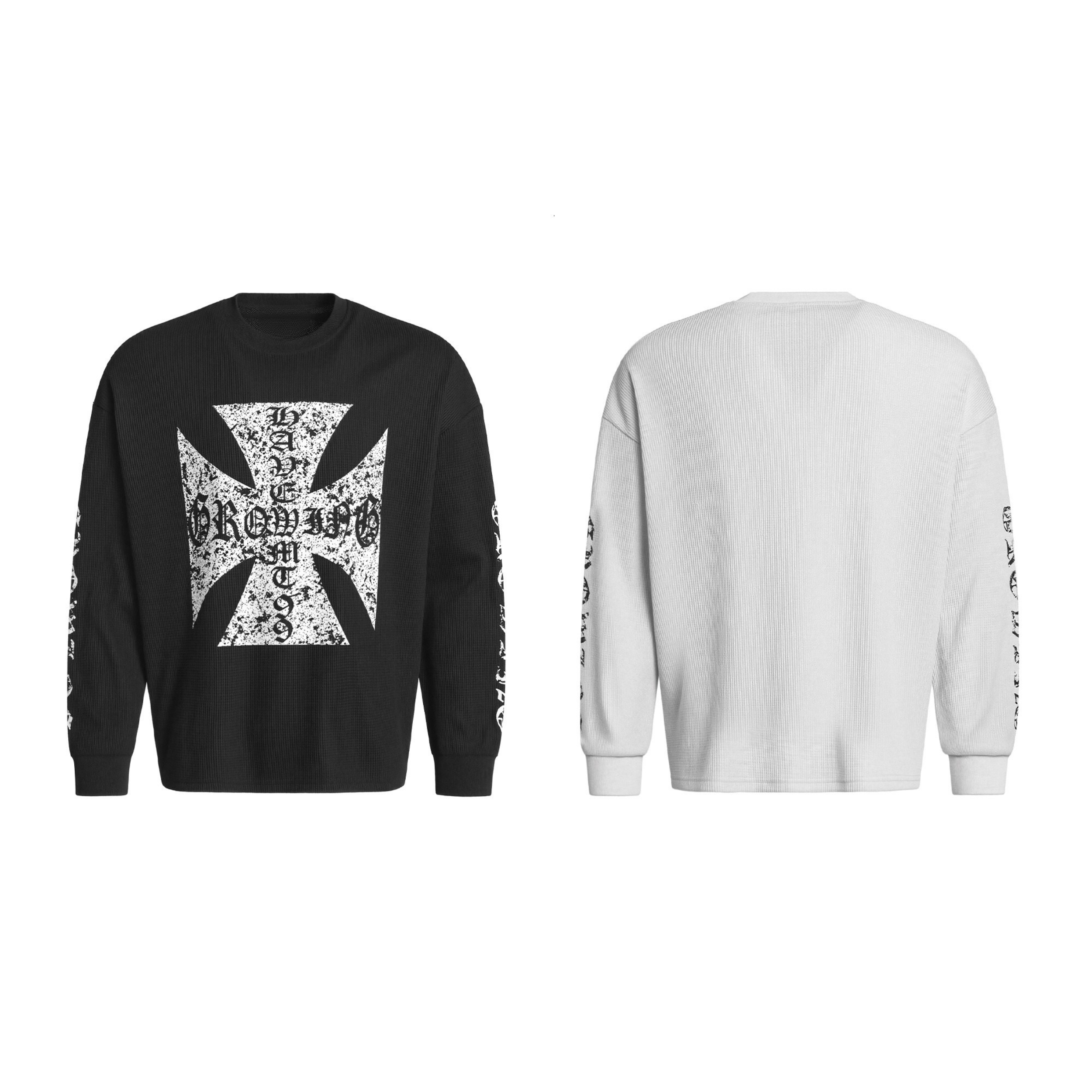 Black oversized knit sweatshirt with large distressed white Iron Cross graphic and Old English text on chest