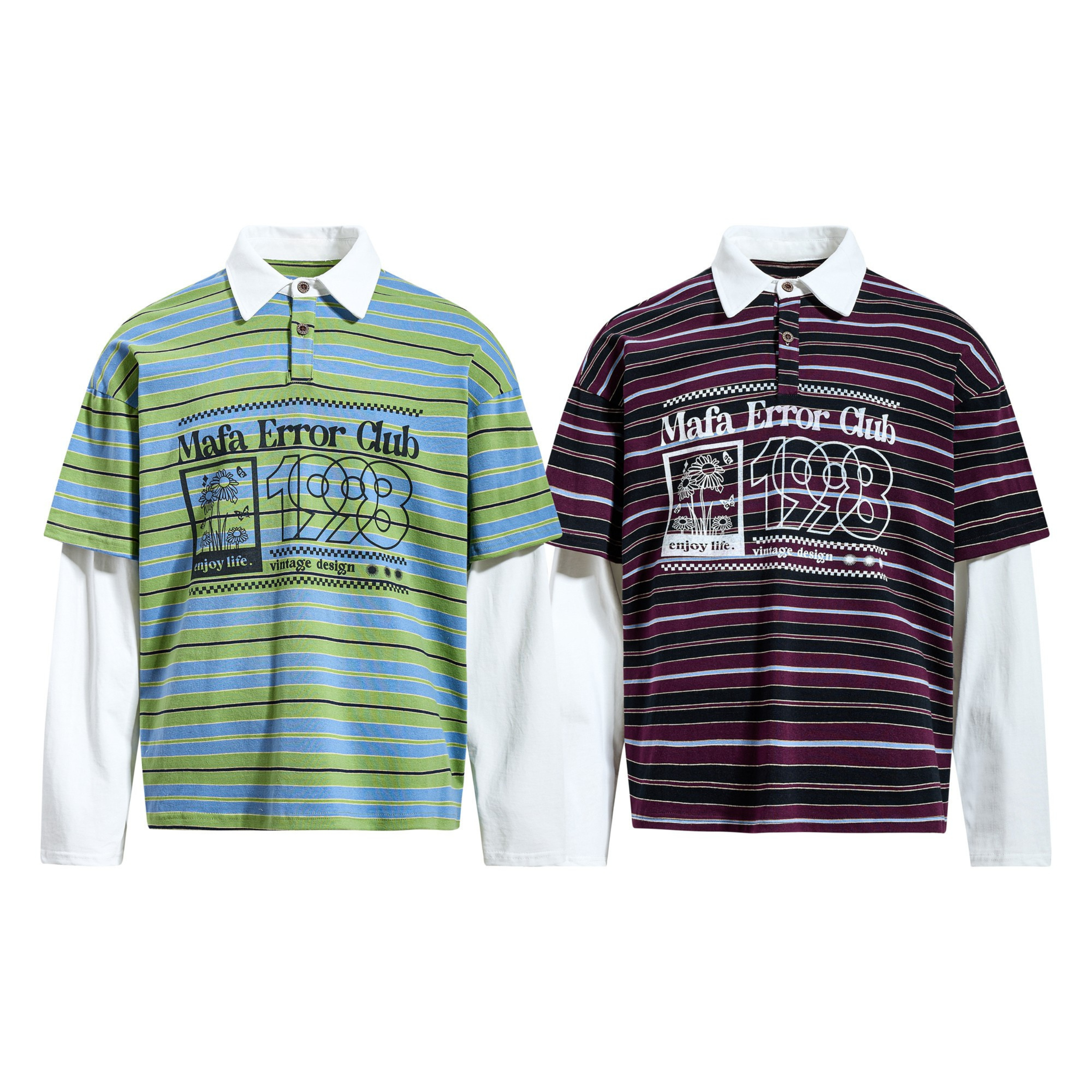 Green and blue striped graphic layered polo shirt with white long sleeves and Mafa Error Club 1998 chest print