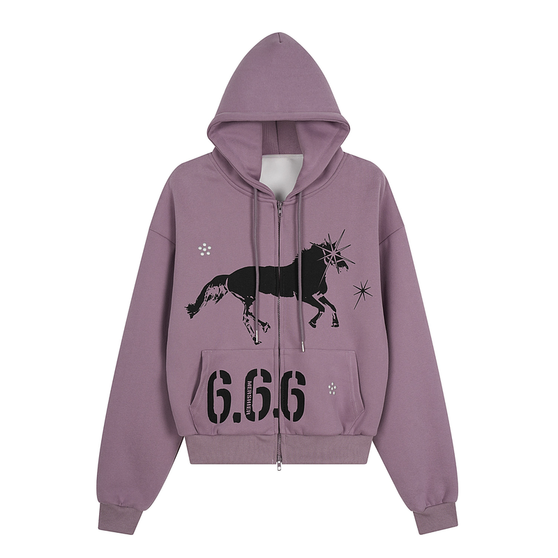 Lavender zip-up hoodie with black unicorn graphic, front view