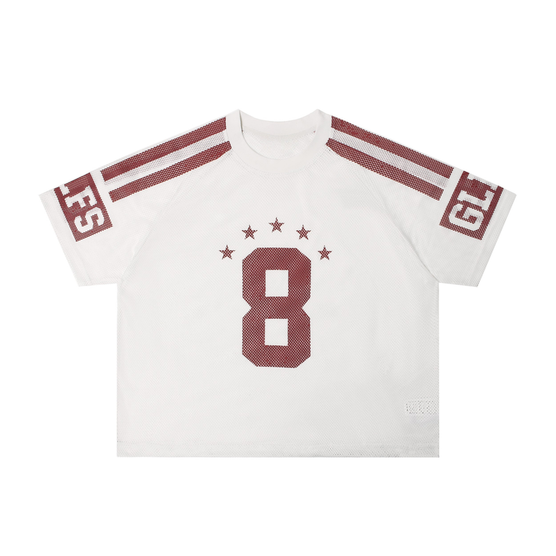 White oversized mesh jersey with burgundy number 8, star graphic, and varsity-style shoulder stripes
