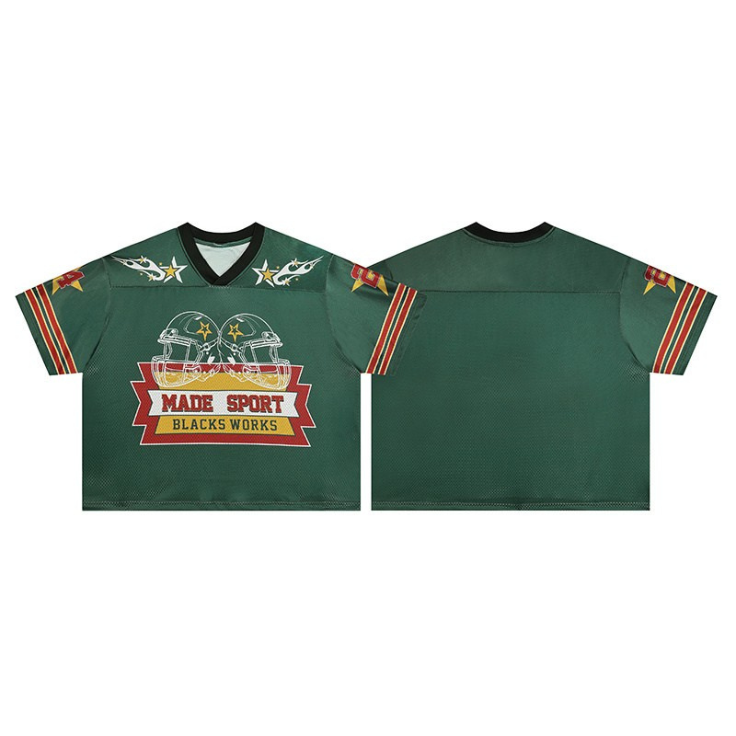Green football jersey with dual helmet chest graphic, gold star details, contrast stripe sleeves, front and back view