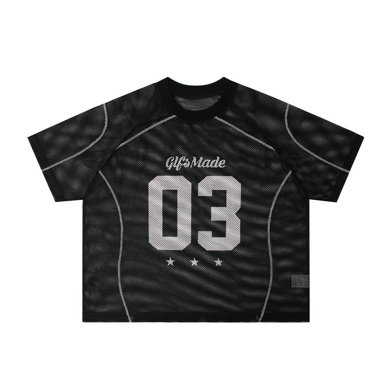 Black mesh jersey tee with white number 03 and GlfsMade logo on the front, streetwear athletic style