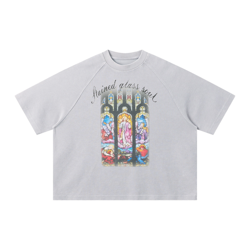 Light gray graphic T-shirt with stained glass soul print and colorful cathedral-style artwork on the front