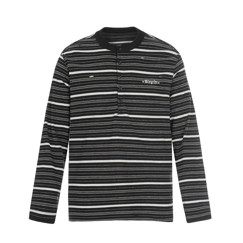 Front view of black striped Henley long sleeve tee with distressed holes and black collar