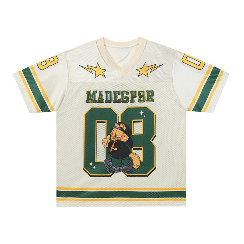 Cream Garfield varsity football jersey with green number 08, star graphics, and yellow-striped sleeves