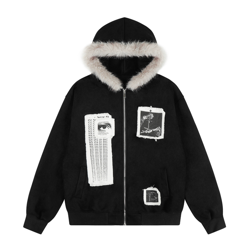Omirad Graphic Patch Faux-Fur Hooded Zip Jacket