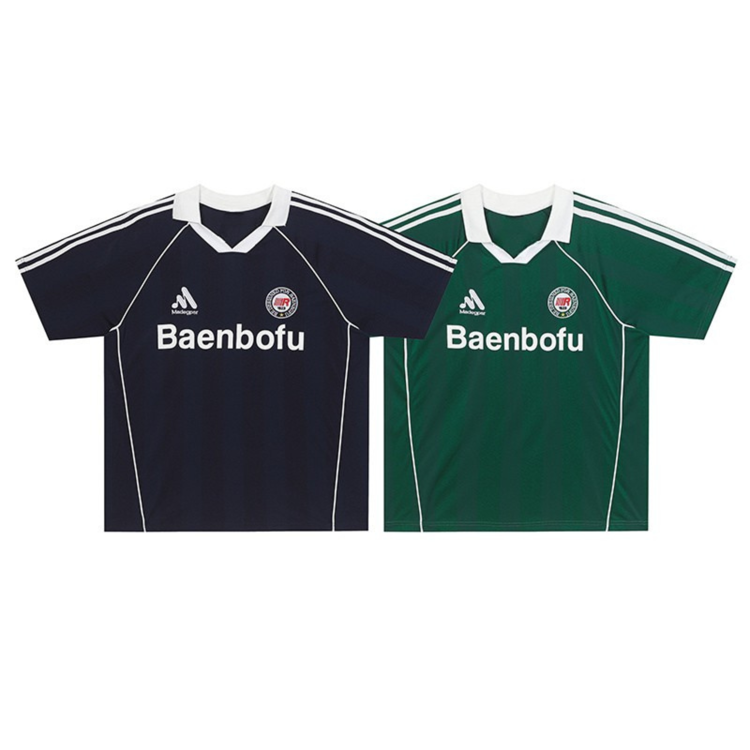 Baenbofu logo soccer jerseys in navy and forest green with white V-neck collar, shoulder stripes, and contrast piping
