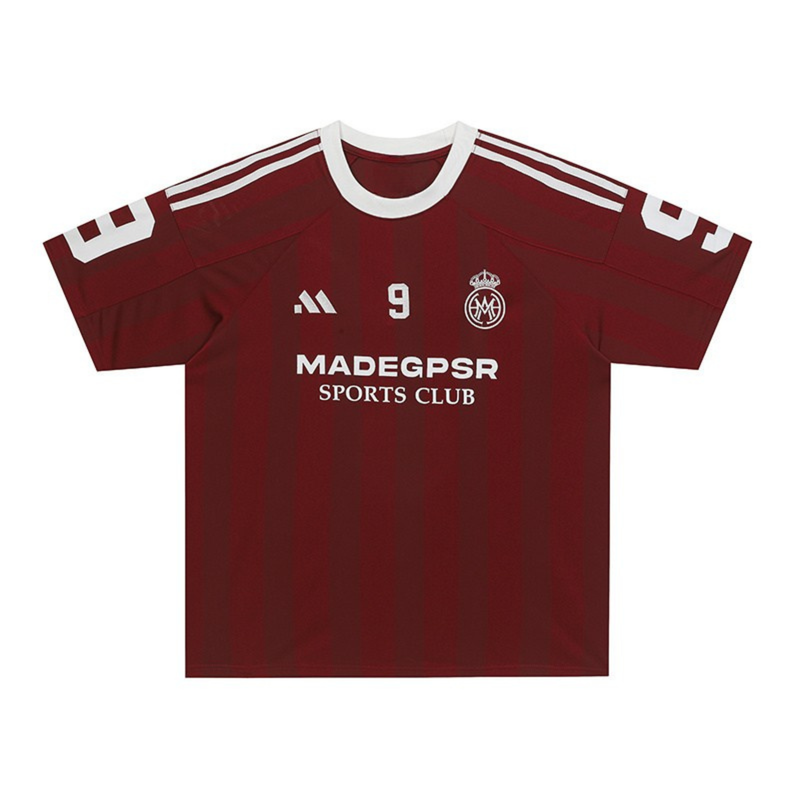 Maroon MADEGPSR sports club football jersey T-shirt with white trim, number 9, and chest logo