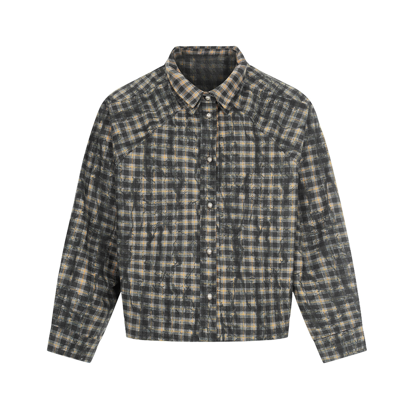 Omirad Vintage Washed Plaid Button-Up Jacket | Cropped Boxy Fit