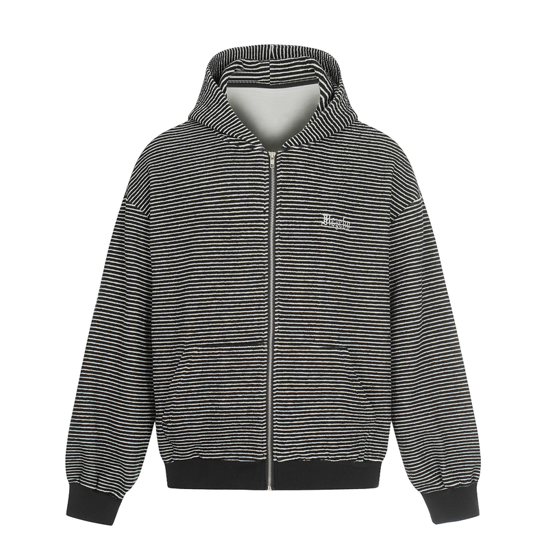Black striped zip hoodie with front pockets and small chest logo