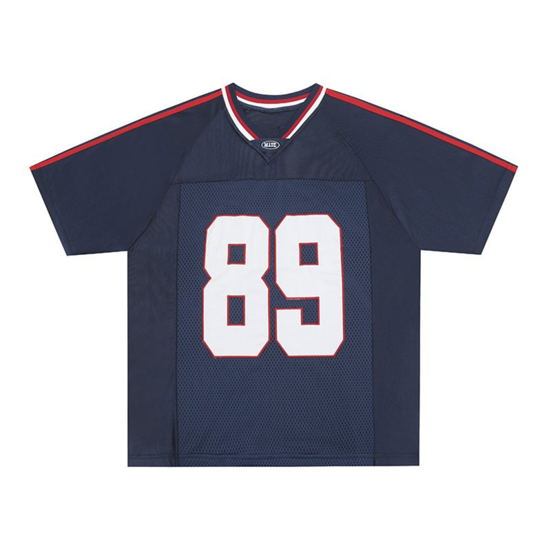 Navy oversized football jersey with red trim and large white number 89 graphic on the front