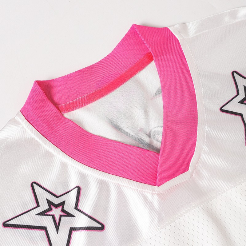 White mesh football jersey with bright pink ribbed collar and star graphics, featuring a streetwear-inspired design