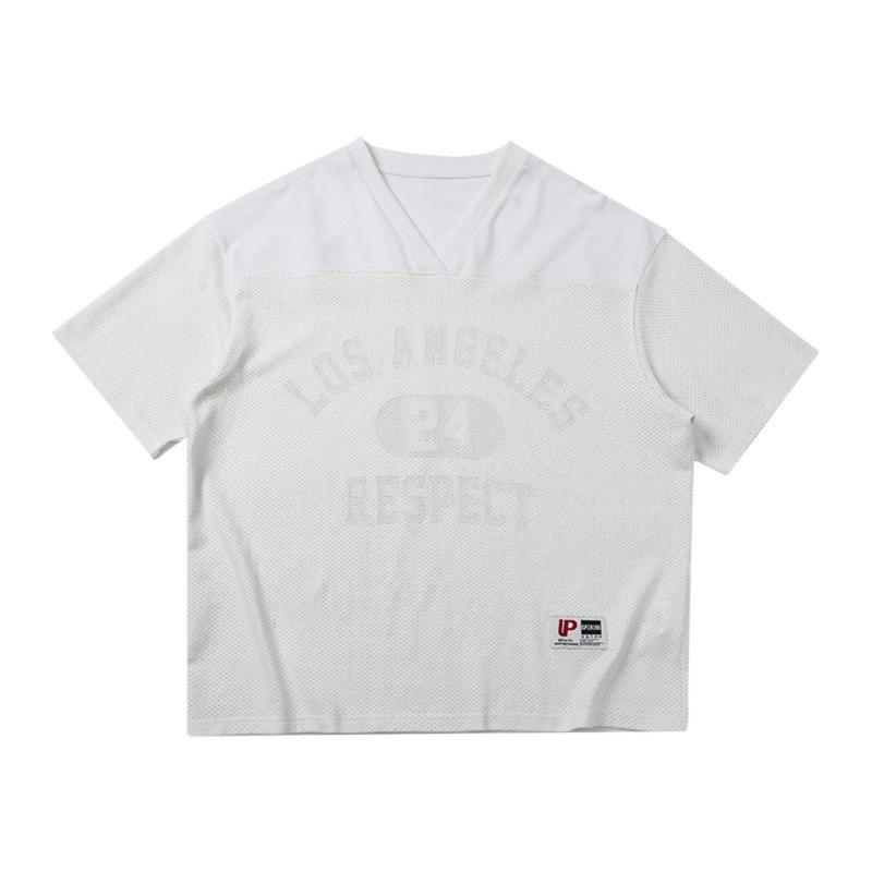White mesh V-neck streetwear tee with subtle Los Angeles Respect graphic and small chest logo patch