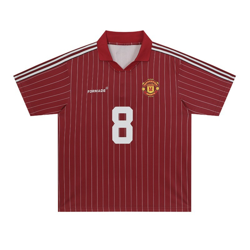 Vintage red pinstripe football jersey with number 8, white shoulder stripes, and embroidered crest on a white background