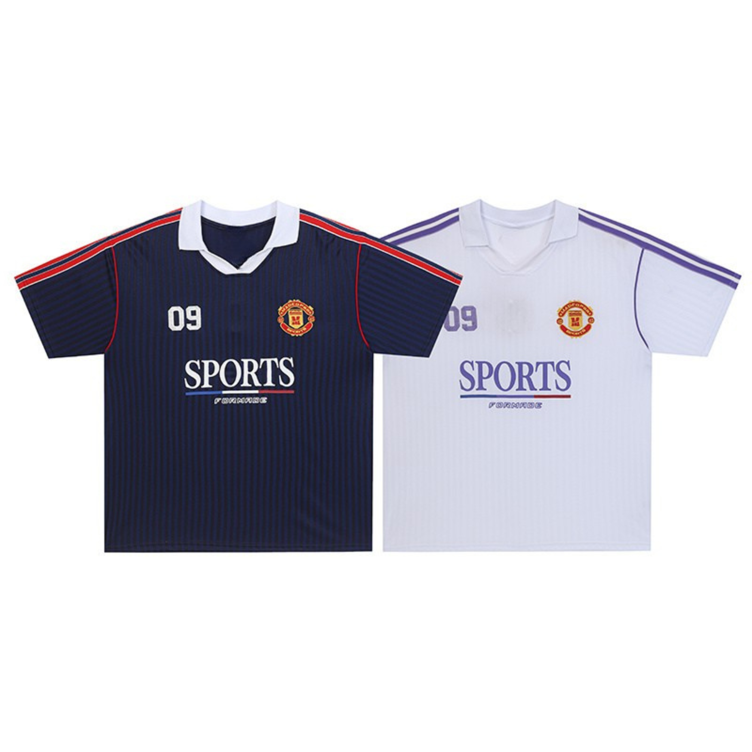 Navy and white Sports Club Performance Polo Jersey with pinstripe texture, number 09 print, club crest badge, and red contras