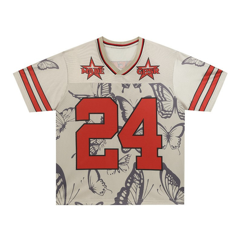 Butterfly print varsity football jersey with red number 24 and striped sleeves on a beige mesh top
