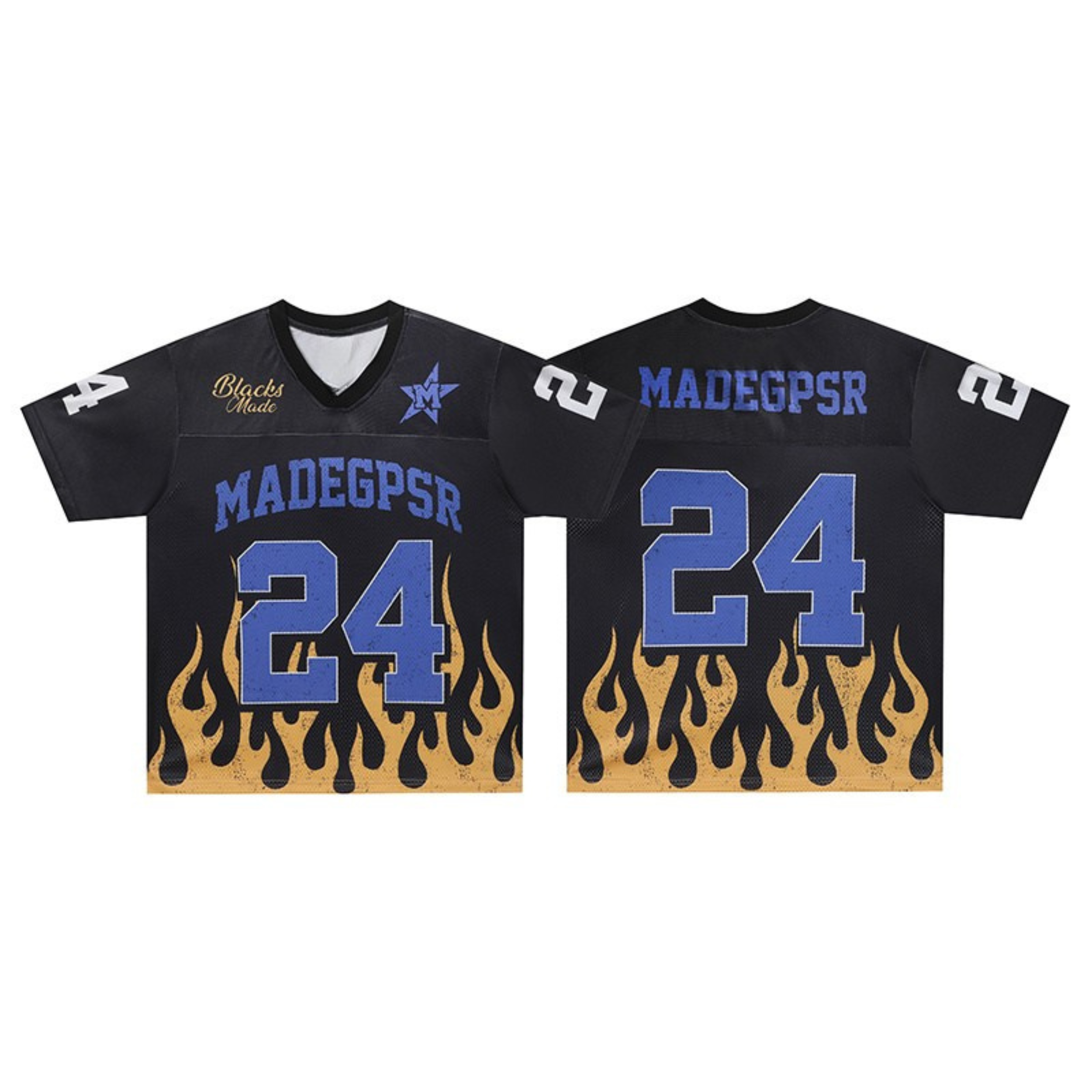 Front and back view of black MADEGPSR Flame 24 football jersey with blue varsity numbers and gold flame hem graphics
