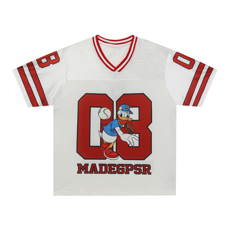 White football jersey with red trim, Donald Duck graphic, large number 08, and MADEGPSR text on the front