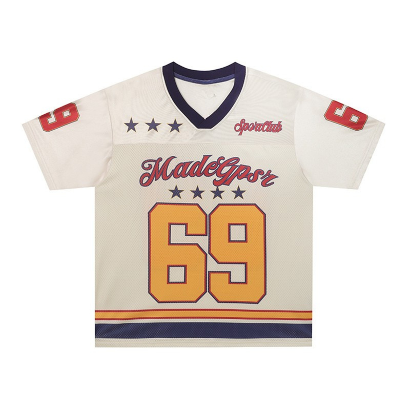 Vintage white football jersey with navy trim, red number 69, and retro MadeGasr graphic on the front