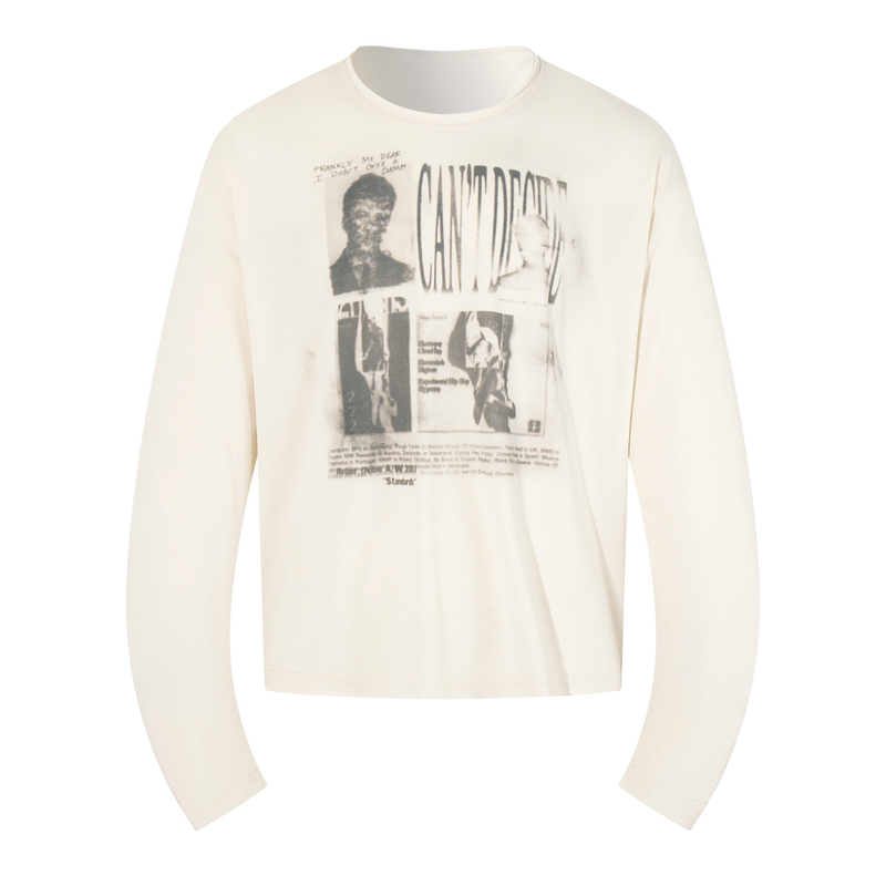 Cream long sleeve tee front with faded black vintage-style graphic print on chest